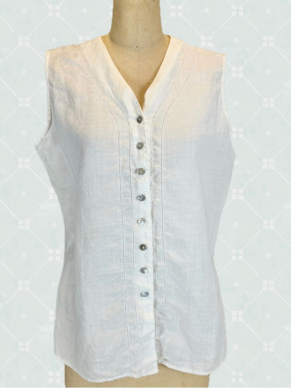 White 100% linen button down shirt sleeveless tank top eyelet open hemstitch M